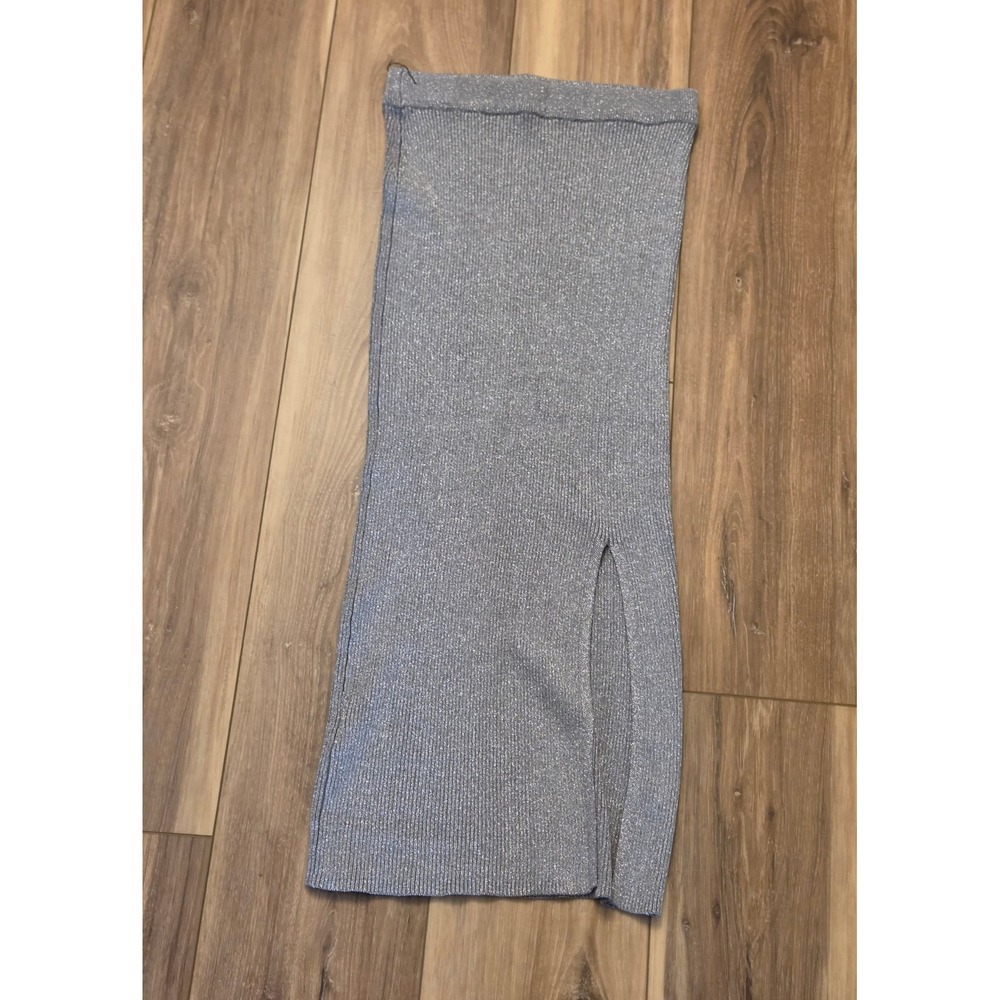 Zara Knit Midi Skirt Women's Size Small Metallic Silver Side Split